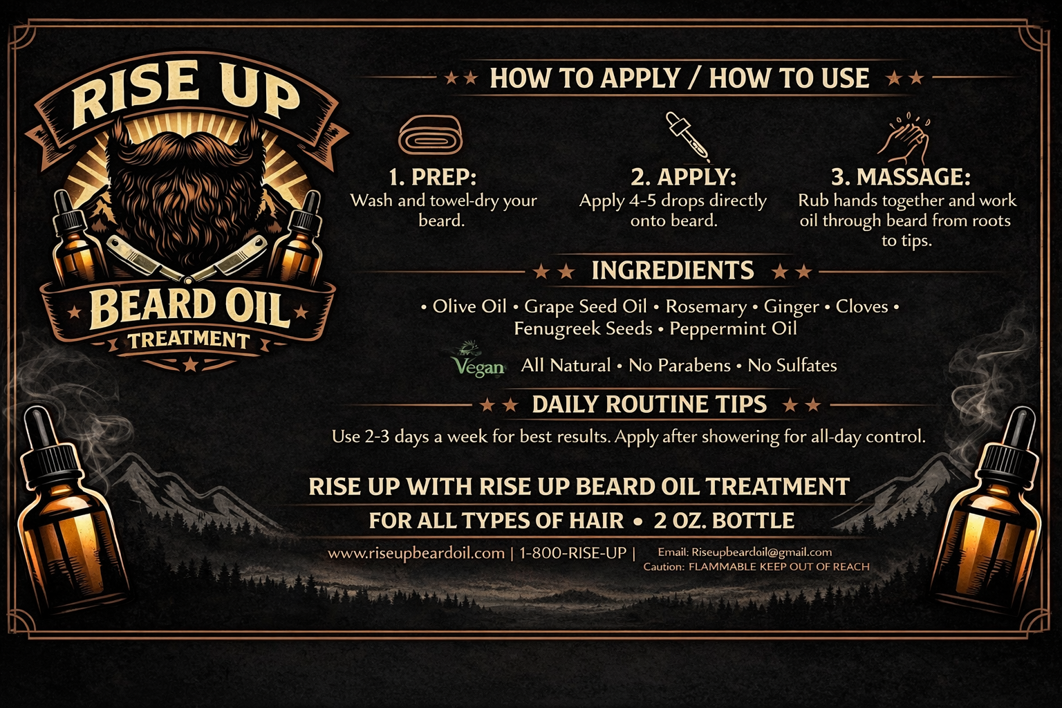 Beard oil treatment packaging with application instructions and product details on a dark background.